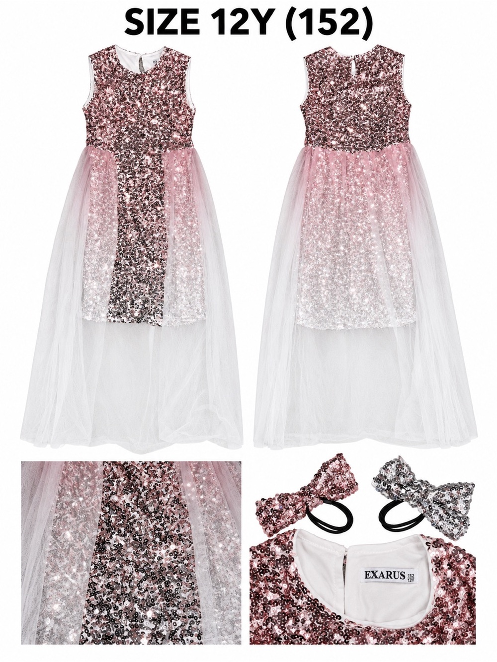 Girls' Pink Sequin Tulle Costume Dress with Bow